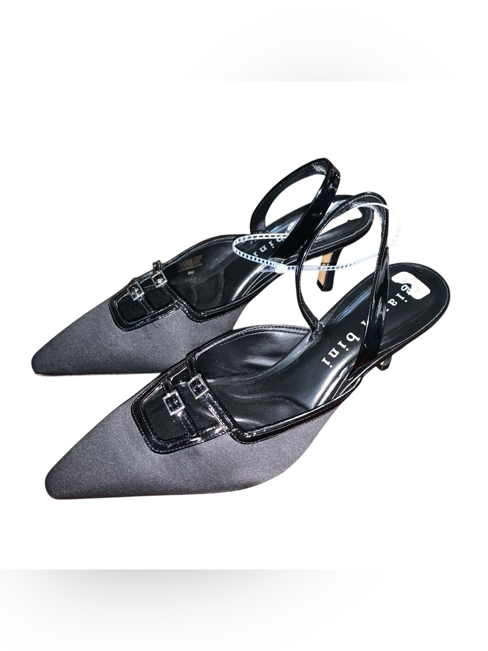 Gianni Bini Black Pointed Slingback Heels with Patent Buckle Trim